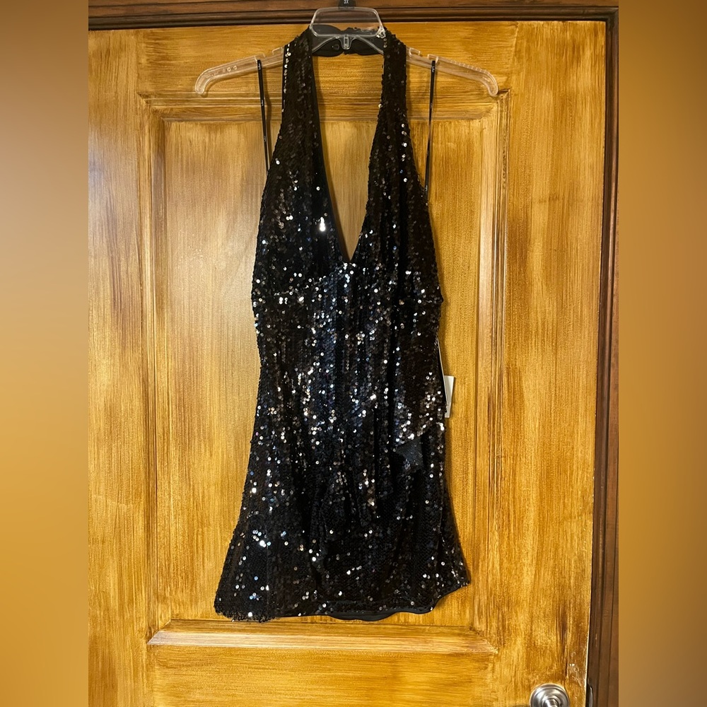 Black Sequin Halter Dress